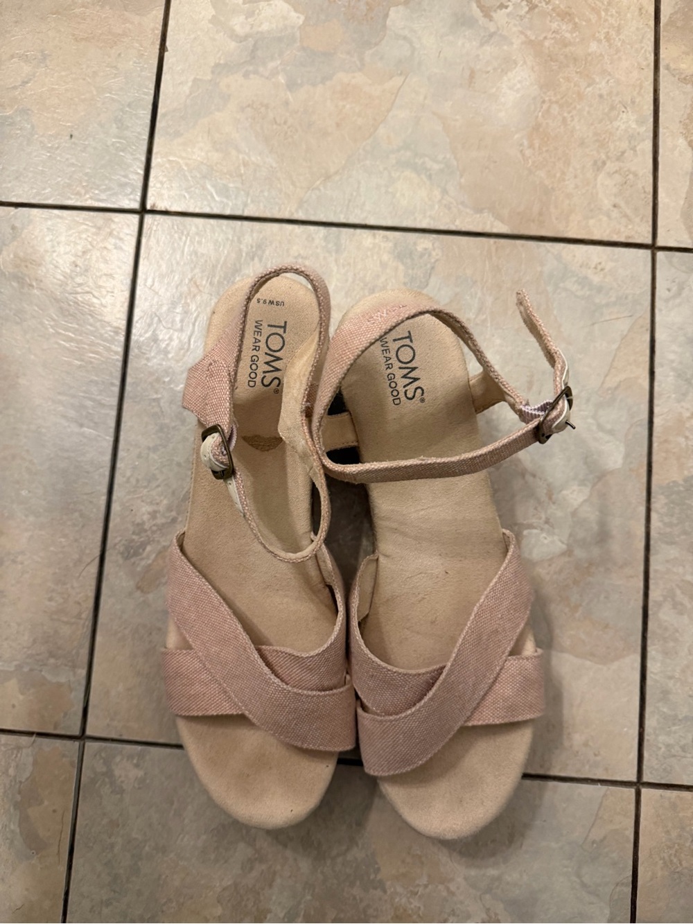 TOMS Pink Cross-Strap Wedge Sandals with Ankle Buckle